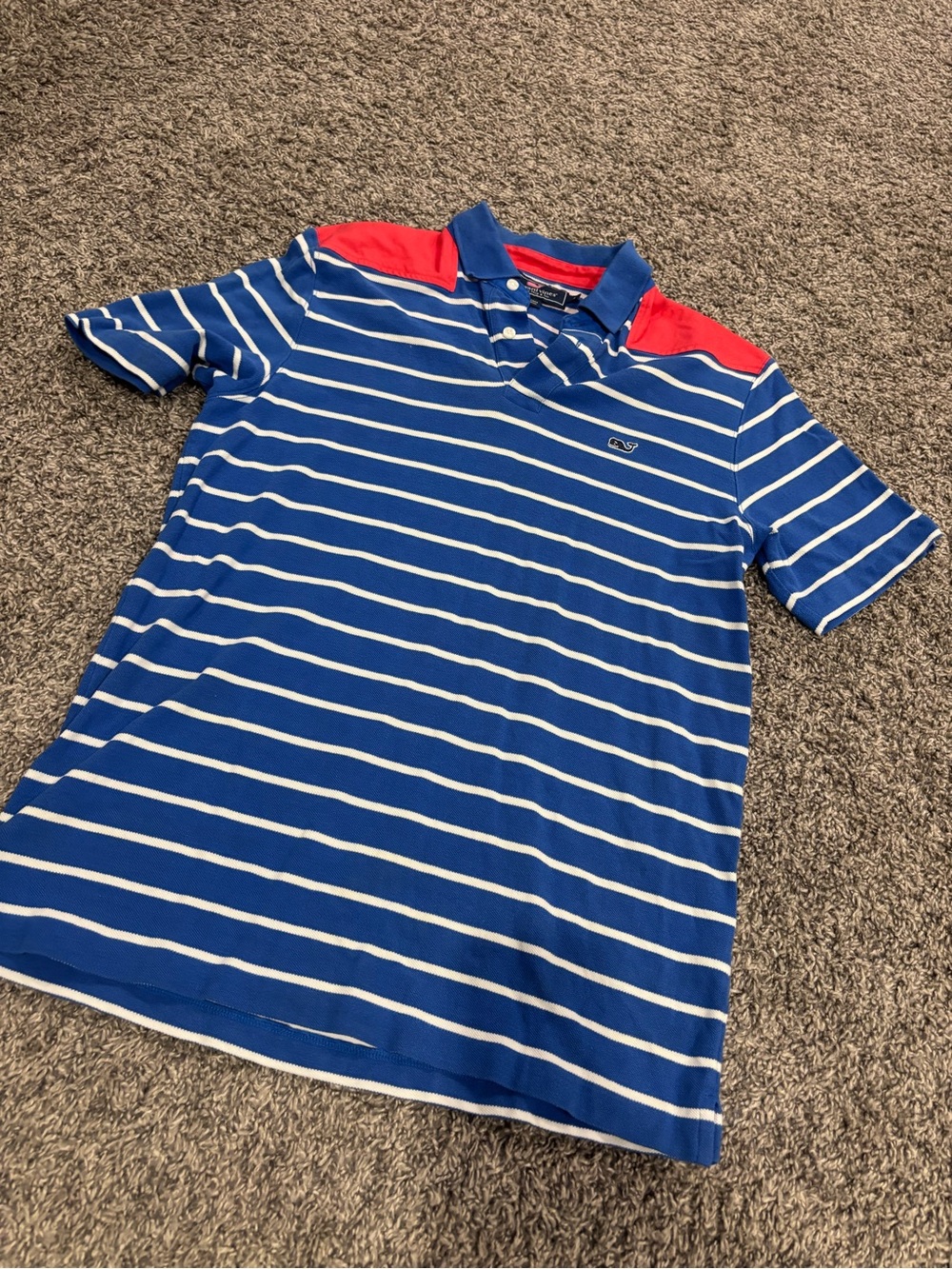 Vineyard Vines Blue & White Striped Polo with Red Shoulder Panels